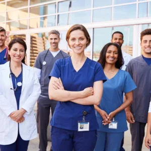 Gruppe von Pflegekräften und Ärzten in Uniform lächelt gemeinsam vor einem Gebäude